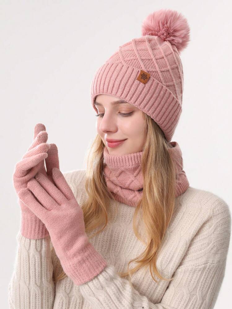 1-3 peças/Conjunto Gorro de Tricô de Inverno para Mulheres, Aquecedor de Pescoço e Luvas Touch Screen, Forro Térmico de Dupla Camada, Tecido Jacquard Estampado com Pompom, Textura de Floco de Neve, Adequado para Esqui, Viagem, Direção, Encontros, Presente para Mulheres, Acessórios de Inverno para Uso Diário, Roupas de Inverno, Presente de Dia dos Namorados - Multicolorido - Visão 19