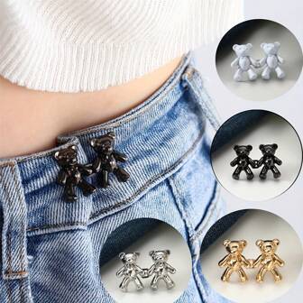 泰迪熊金属绳锁，用于牛仔裤腰部调节 - 可调节裤子腰带纽扣，颜色有白色、黑色、金色、银色