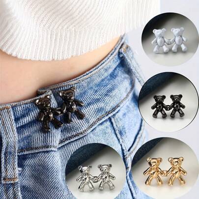泰迪熊金属绳锁，用于牛仔裤腰部调节 - 可调节裤子腰带纽扣，颜色有白色、黑色、金色、银色