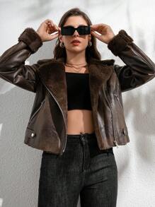 RELISH NOLESS Women's Winter Fluffy Lined Zipper Front Moto Jacket - Brown - View 3