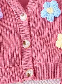 Bộ 2 áo len cardigan dệt hoa dễ thương cho bé gái và quần ống loe, Xuân/Thu - Bụi hồng - Xem 4