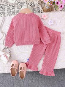 Bộ 2 áo len cardigan dệt hoa dễ thương cho bé gái và quần ống loe, Xuân/Thu - Bụi hồng - Xem 2