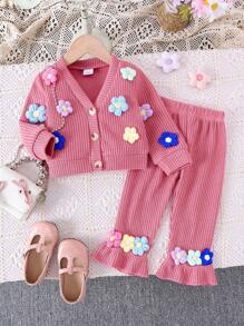 Bộ 2 áo len cardigan dệt hoa dễ thương cho bé gái và quần ống loe, Xuân/Thu - Bụi hồng - Xem 1