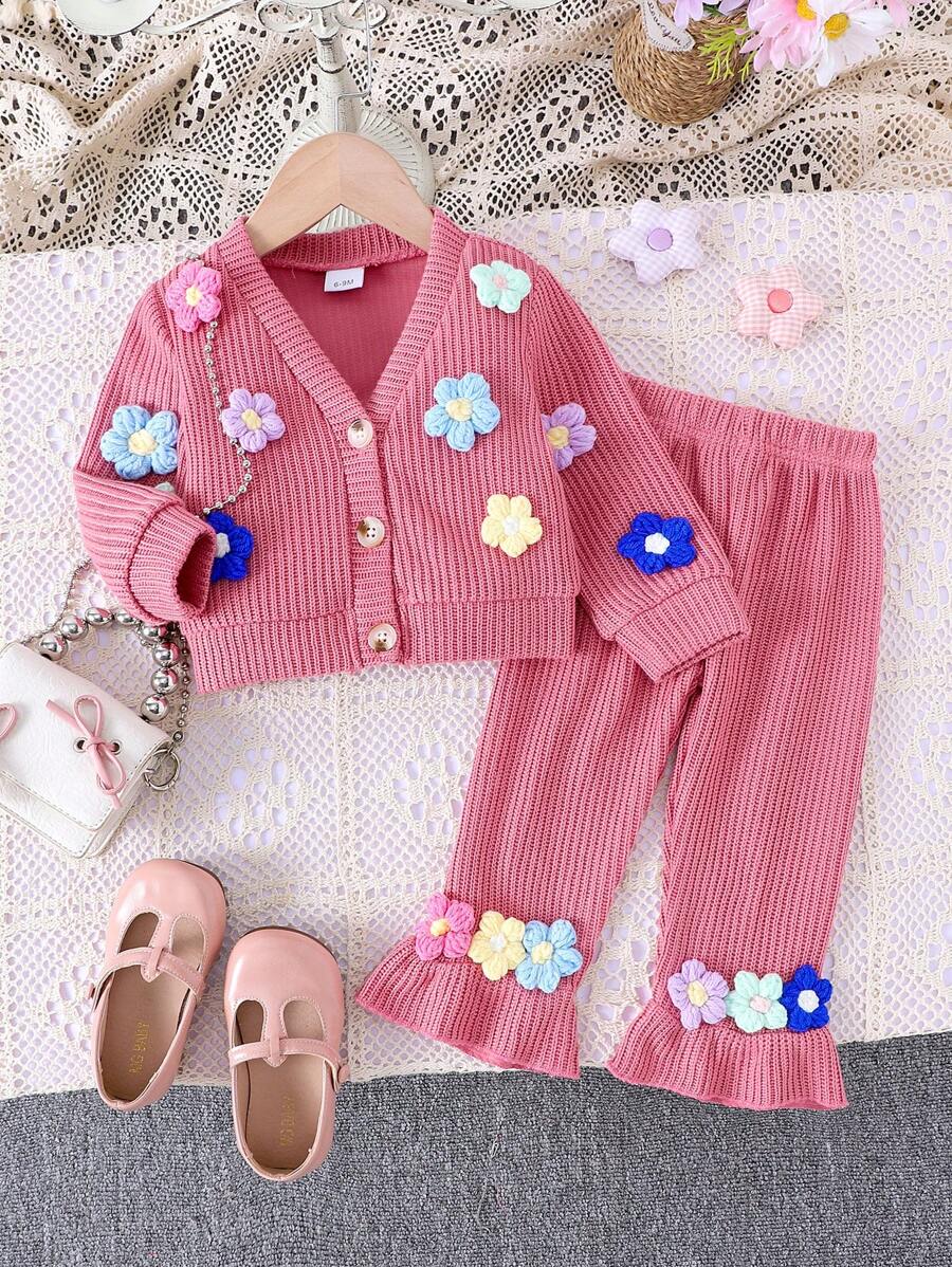 Bộ 2 áo len cardigan dệt hoa dễ thương cho bé gái và quần ống loe, Xuân/Thu - Bụi hồng - Xem 1