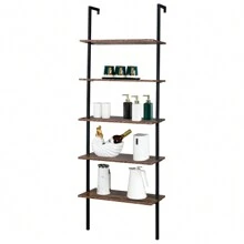 Industrial Wall Mounted Bookcase 5-Tier Open Ladder Shelf Bookshelf With Metal Frame, 23.6" L X 11.8" W X 70.9" H