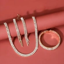 Set De 4 Collares Delicados Decorados Con Cúbico Para Mujeres, Adecuados Para Uso Diario, Bodas Y Fiestas - Plateado - Ver 21