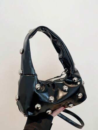 1pc Women's PU Material Personalized Shoulder Bag, Punk Style Large Rivet Soft Feel Crescent Crossbody Handbag, Suitable For Party