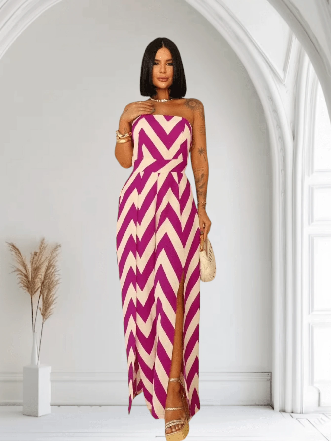 Premium Women's Strapless Long Jumpsuit - 藕粉色 - 查看 1