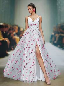 Vestido de novia nuevo de Anpoket con escote en V, deslizante y delicado, con bordado de encaje floral 3D, con cordón de atar y abertura alta en la línea A