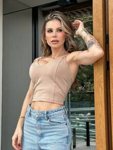 2 Piece Cropped Top Kit With Plain Cups, Summer Model, Comfort, Elegant, Everyday, Party, Clean Aesthetic Fashion - 米色 - 查看 4