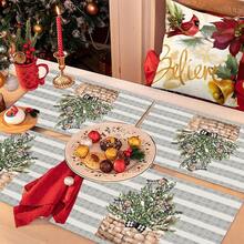 1/4/6 piezas Manteles individuales con tema navideño, Cuadros grises con árbol de arándanos y 3 gnomos, Cabeza de muñeco de nieve navideño, Aplicable para decoración de fiesta de Navidad, decoración de reunión navideña, decoración de mesa