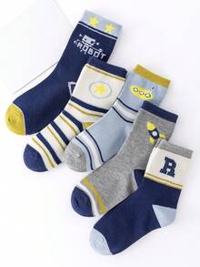 5 双/包 适合秋冬季的幼儿男孩宇宙飞船和机器人图案袜子 - 彩色 - 查看 3