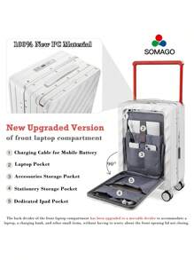 Somago 20 Inch Carry On Luggage Wide Handle Suitcase With Front Compartment 22x14x9 Aluminum Framed PC Hardside No Zipper Business Baggage With Spinner Wheels USB Charging Port TSA Lock - White - View 4