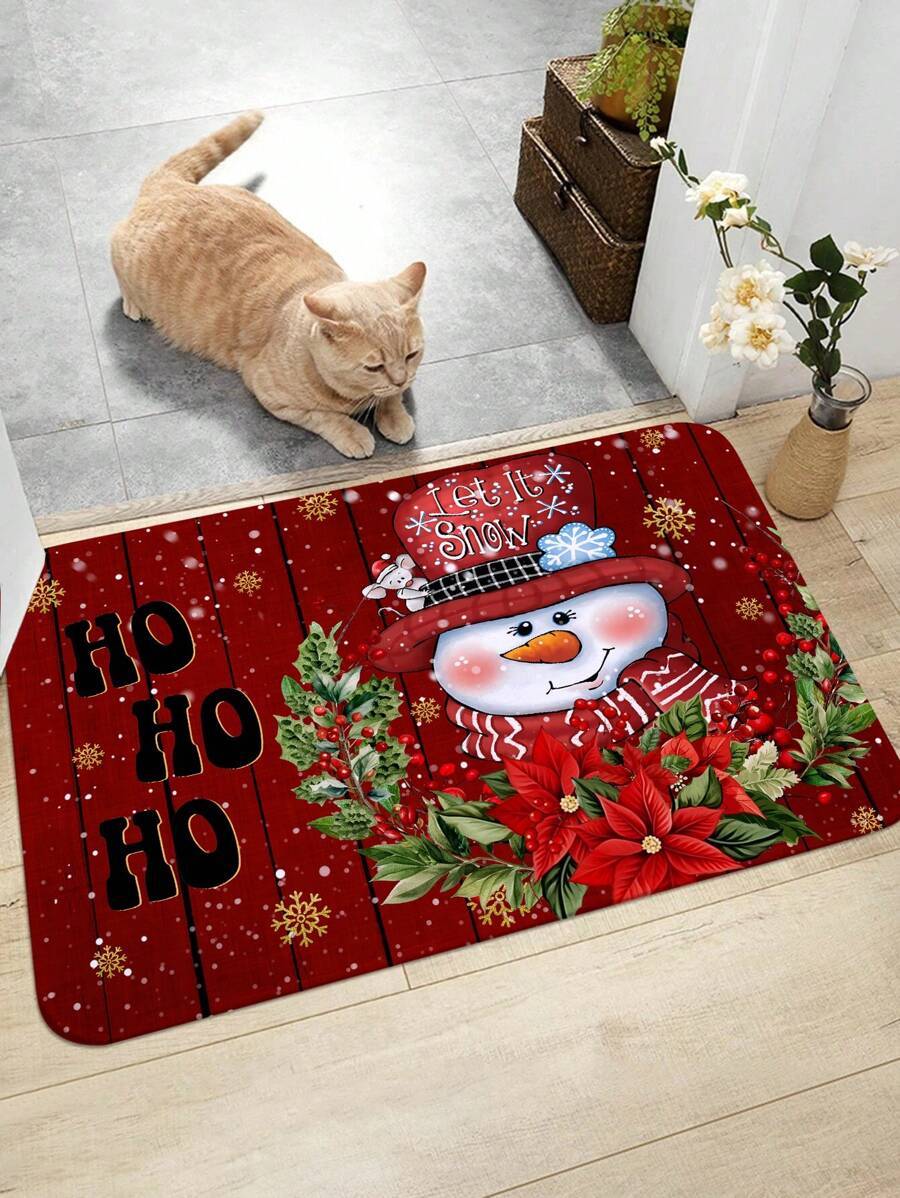 1pc Christmas Decoration Printed Kitchen Floor Mat, Christmas Coral Fleece Rectangular Soft Anti-Slip Absorbent Floor Mat, Suitable For Living Room Home Use - Multicolor - View 1