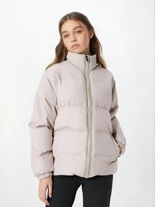 1 件冬季女式夹克，时尚休闲立领保暖运动户外外套，适合徒步骑行，宽松百搭，冬季女式服装 - 卡其色 - 查看 1