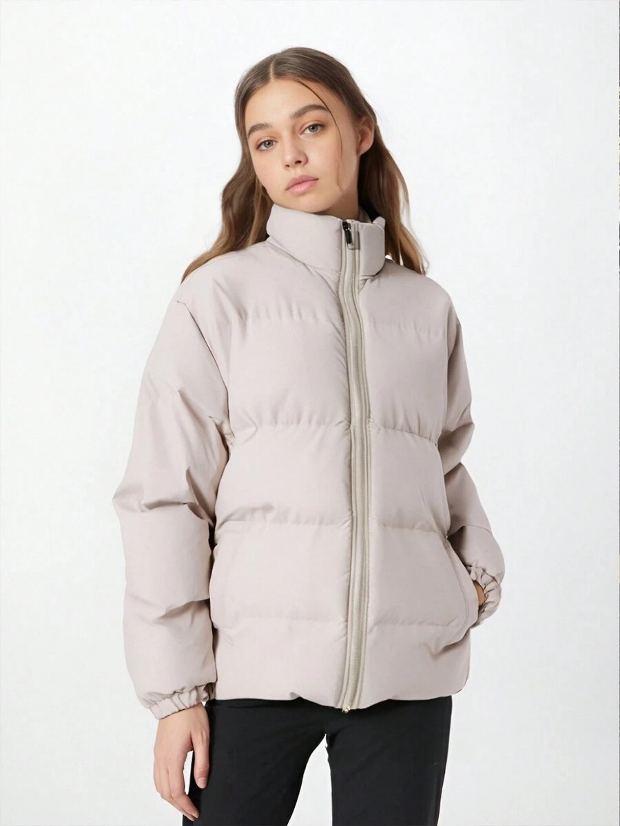 1 件冬季女式夹克，时尚休闲立领保暖运动户外外套，适合徒步骑行，宽松百搭，冬季女式服装 - 卡其色 - 查看 1