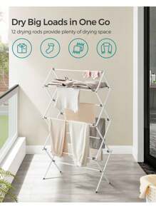 SONGMICS Foldable Clothes Airer, Clothes Drying Rack, Compact Clothes Horse Dryer, Laundry Rack, Steel Frame, Easy Assembly, Indoor Outdoor Use, White - White - View 3