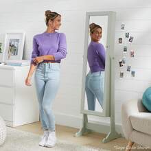 Freestanding Jewelry Armoire Cabinet, Full Length Standing Mirror, Lockable Makeup Storage Organizer, W/Velvet Lining, 3 Angles, Lock, Accessory Pouch, 5 Shelves - Lavender - 查看 6