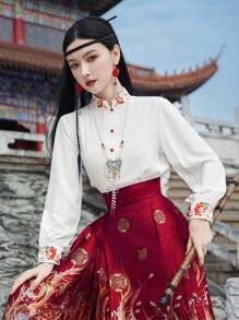 Spring Chinese Style Vintage White Simple Embroidery Flower Lapel Lapel Wrist-Length Sleeve Semi-Sheer For Chinese Newyear, Daily, Street, Commuting, Home And Other Occasions To Wear Hanfu Tops - White - View 6