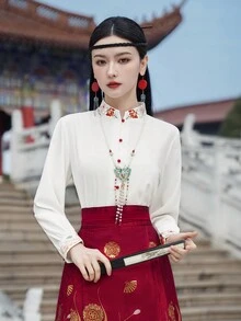 Spring Chinese Style Vintage White Simple Embroidery Flower Lapel Lapel Wrist-Length Sleeve Semi-Sheer For Chinese Newyear, Daily, Street, Commuting, Home And Other Occasions To Wear Hanfu Tops - White - View 3