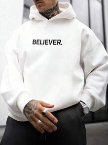 DIFFLAND 男士休闲柔软舒适两件套，百搭简约印花图案，长袖套头卫衣和修身运动裤，春季款 - 黑與白 - 查看 2