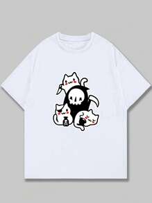 Ghost T-Shirt With Kittens Printed Unisex Short Sleeve Streetwear Top - 白色 - 查看 1