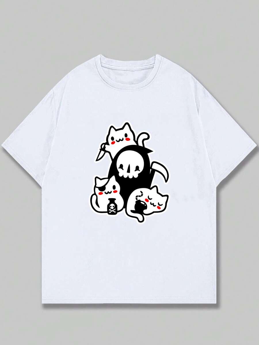 Ghost T-Shirt With Kittens Printed Unisex Short Sleeve Streetwear Top - 白色 - 查看 1