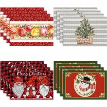 1/4/6 piezas Manteles individuales con tema navideño, Cuadros grises con árbol de arándanos y 3 gnomos, Cabeza de muñeco de nieve navideño, Aplicable para decoración de fiesta de Navidad, decoración de reunión navideña, decoración de mesa