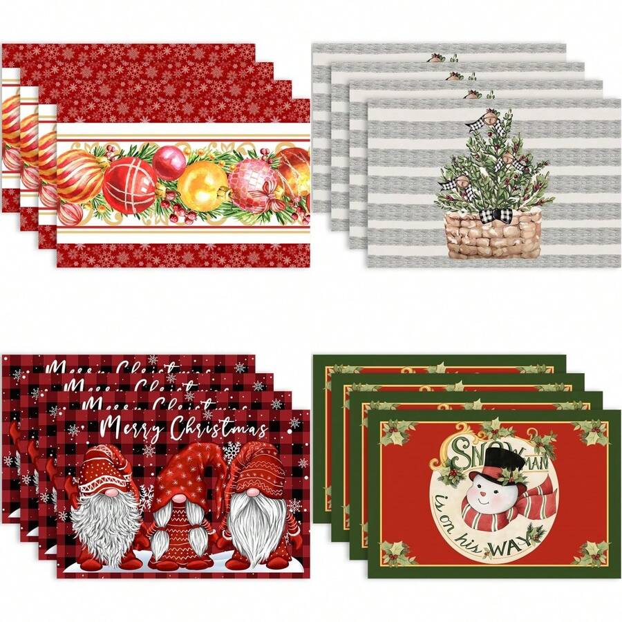 1/4/6 piezas Manteles individuales con tema navideño, Cuadros grises con árbol de arándanos y 3 gnomos, Cabeza de muñeco de nieve navideño, Aplicable para decoración de fiesta de Navidad, decoración de reunión navideña, decoración de mesa