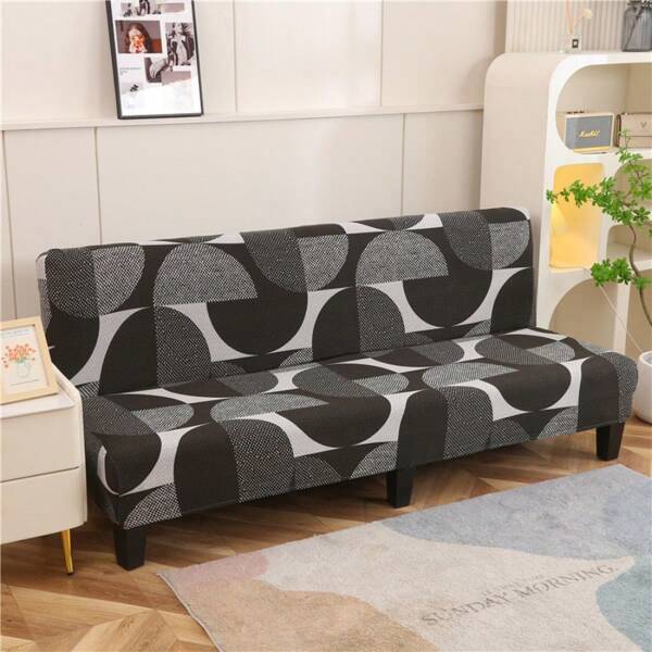 1pc Semi-Circle Geometric Pattern Sofa/Bed Cover, Stretchy Polyester Fabric Slipcover, Suitable For Armless Sofa, All Season Use