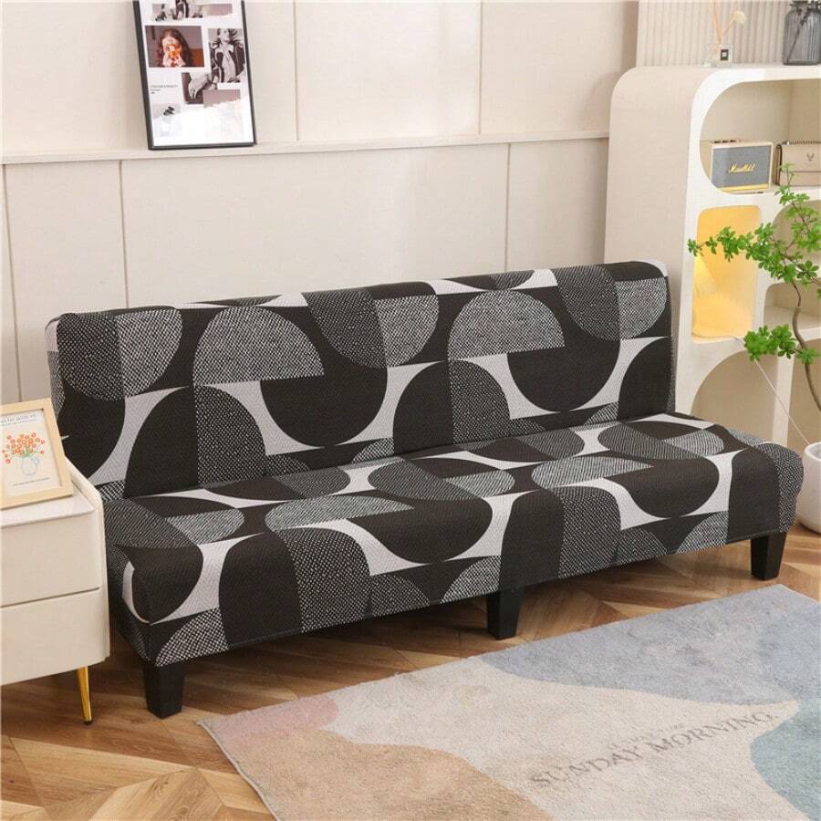 1pc Semi-Circle Geometric Pattern Sofa/Bed Cover, Stretchy Polyester Fabric Slipcover, Suitable For Armless Sofa, All Season Use