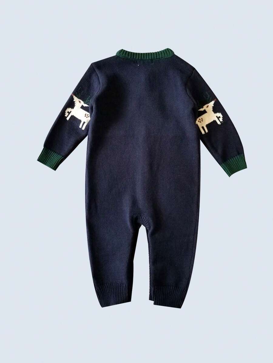 男婴鹿图案针织连体衣，适合日常穿着、派对、圣诞节活动 - 藏蓝色 - 查看 1