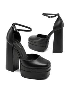 Women Platform High Chunky Block Heels Pumps Square Closed Toe Ankle Strap Solid Color Wedding Party Prom Festival Shoes - màu đen - Xem 5