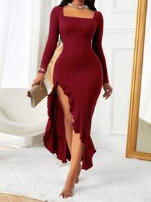 Square Neck Side Slit Hem Elegant Midi Solid Dress - Burgundy - View 3