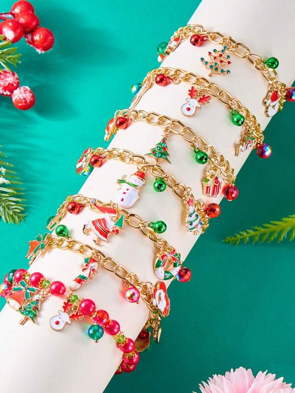 1 pieza Pulsera con colgante de Papá Noel, copo de nieve, reno y campana de Navidad con cordón