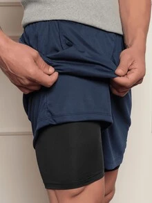 Kit 3 Shorts Bermuda Double Short 2x1 Compression Hidden Pocket Gym Training Dry Fit Cycling Running Thermal - 藏蓝色 - 查看 6