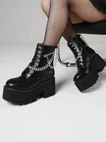 Goth Women's Boots Combat Motorcycle Chain Platform Chunky Heel Shoes Punk Luxury Nightclub Winter Boots Halloween Christmas Shoes - 黑色 - 查看 1