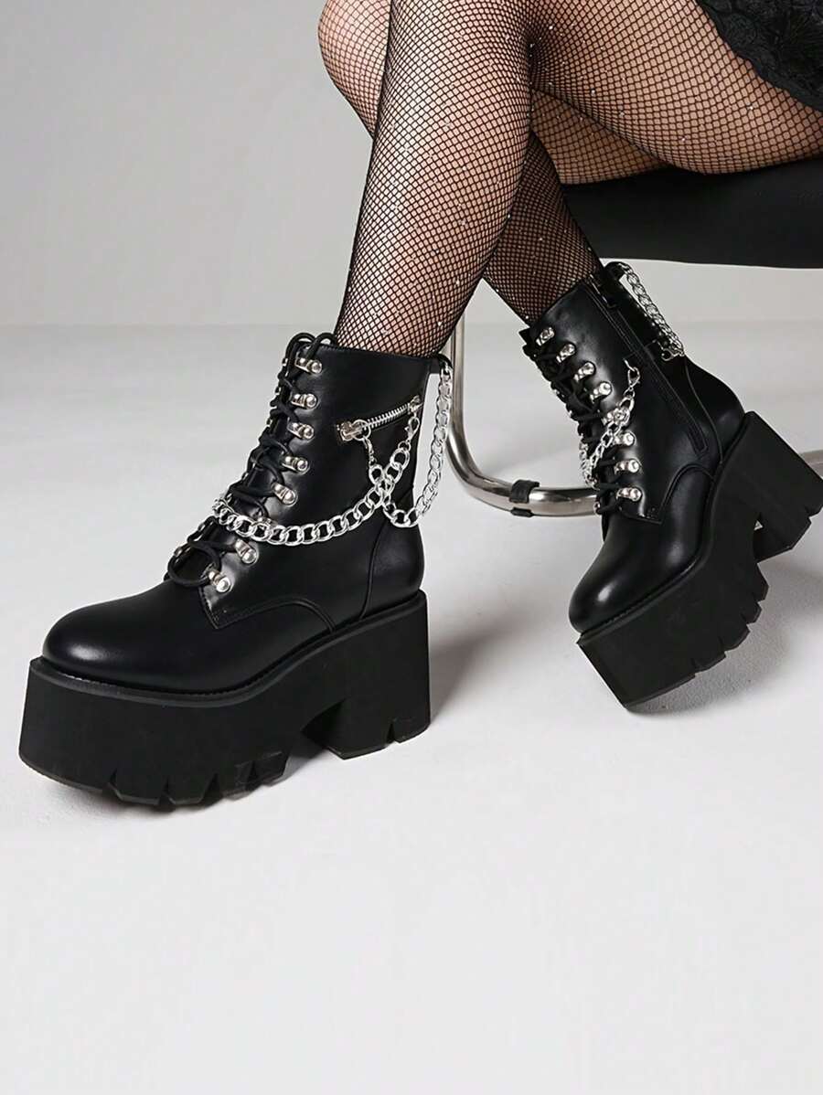 Goth Women's Boots Combat Motorcycle Chain Platform Chunky Heel Shoes Punk Luxury Nightclub Winter Boots Halloween Christmas Shoes - 黑色 - 查看 1