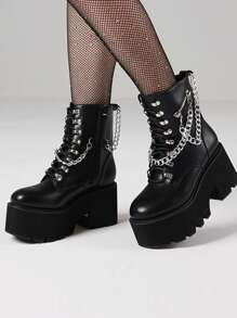 Goth Women's Boots Combat Motorcycle Chain Platform Chunky Heel Shoes Punk Luxury Nightclub Winter Boots Halloween Christmas Shoes - 黑色 - 查看 3