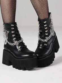 Goth Women's Boots Combat Motorcycle Chain Platform Chunky Heel Shoes Punk Luxury Nightclub Winter Boots Halloween Christmas Shoes - 黑色 - 查看 2