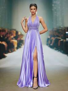 Women V-Neck Halter Pleated Backless High Slit Dress Party Dress Wedding Guest Dress Formal Dress Evening Dress - Purple - View 3