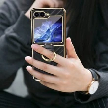 VIETAO Grüne Z Flip 6 5 4 3 Goldplattierter Ringhalter Echtes Leder Handyhülle, Kompatibel mit Samsung Galaxy Z Fold 6 5 4 3