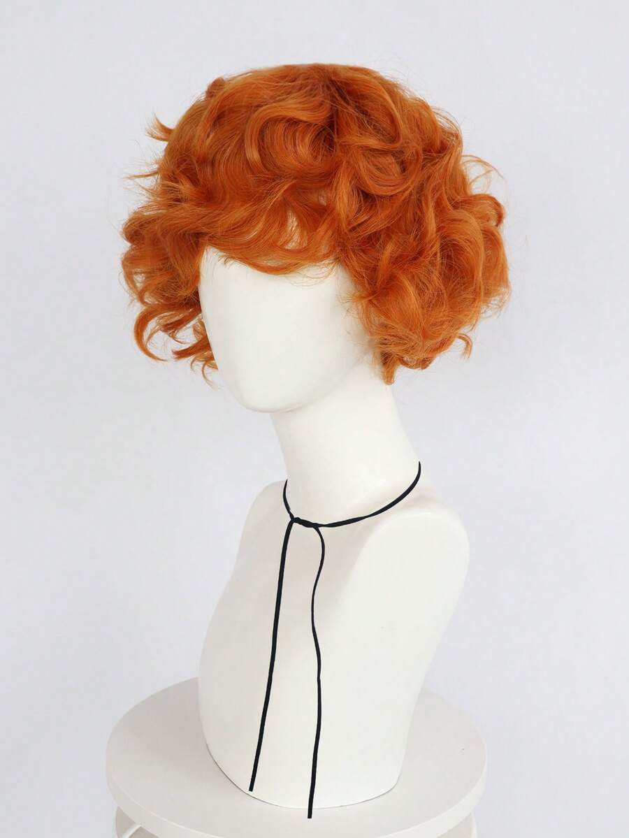 Short Curly Ginger Orange Anime Cosplay Wig With Bangs For Men Heat