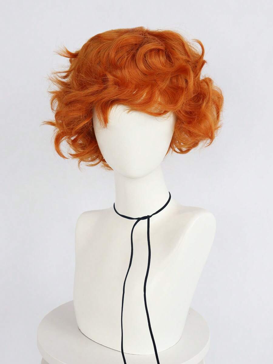Short Curly Ginger Orange Anime Cosplay Wig With Bangs For Men Heat