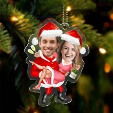 1 szt. Spersonalizowany akrylowy wieszak na zdjęcia twarzy pary na Boże Narodzenie, spersonalizowane dekoracje ze zdjęciem Świętego Mikołaja, wyjątkowe prezenty, dostosowane do zdjęcia, świąteczne prezenty dekoracyjne