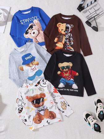 5 Pcs Young Boys Cartoon Print Casual Comfortable Crew Neck Long Sleeve T-Shirt, Spring