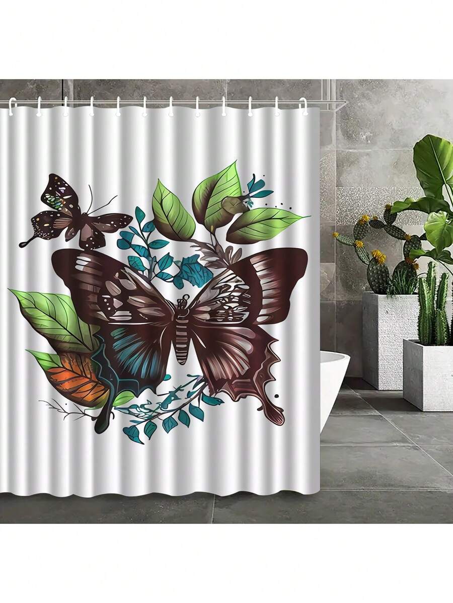 1pc Gray Butterfly Pattern Shower Curtain, Lightweight & Elegant