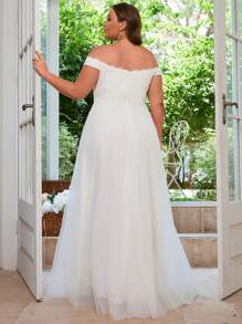 大码露肩婚纱 A 字拖地长款正式新娘活动单身派对新娘送礼会早午餐订婚招待会彩排派对礼服 - 白色 - 查看 3