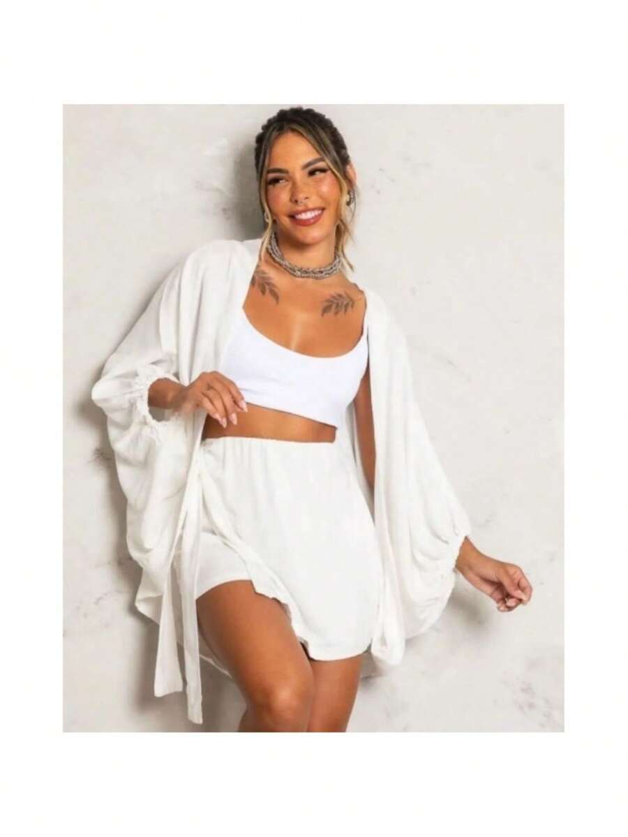 Kimono With Elastic And Shorts Blogger Skirt Women's Duna Lisa Spring Fabric - 白色 - 查看 1