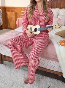 SANRIO Bộ đồ ngủ tay dài in họa tiết kẻ caro cài nút phía trước hình HELLO KITTY dành cho nữ + Quần dài cạp chun rút dây dễ thương - Đỏ - Xem 4